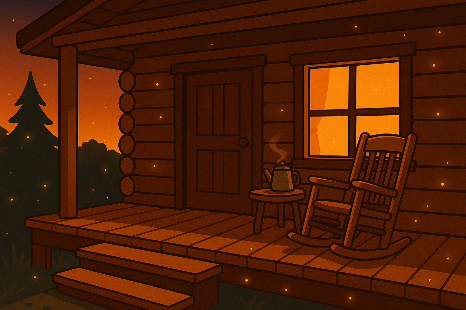 Cozy log cabin with a wooden porch, fireflies, and a warm evening sky