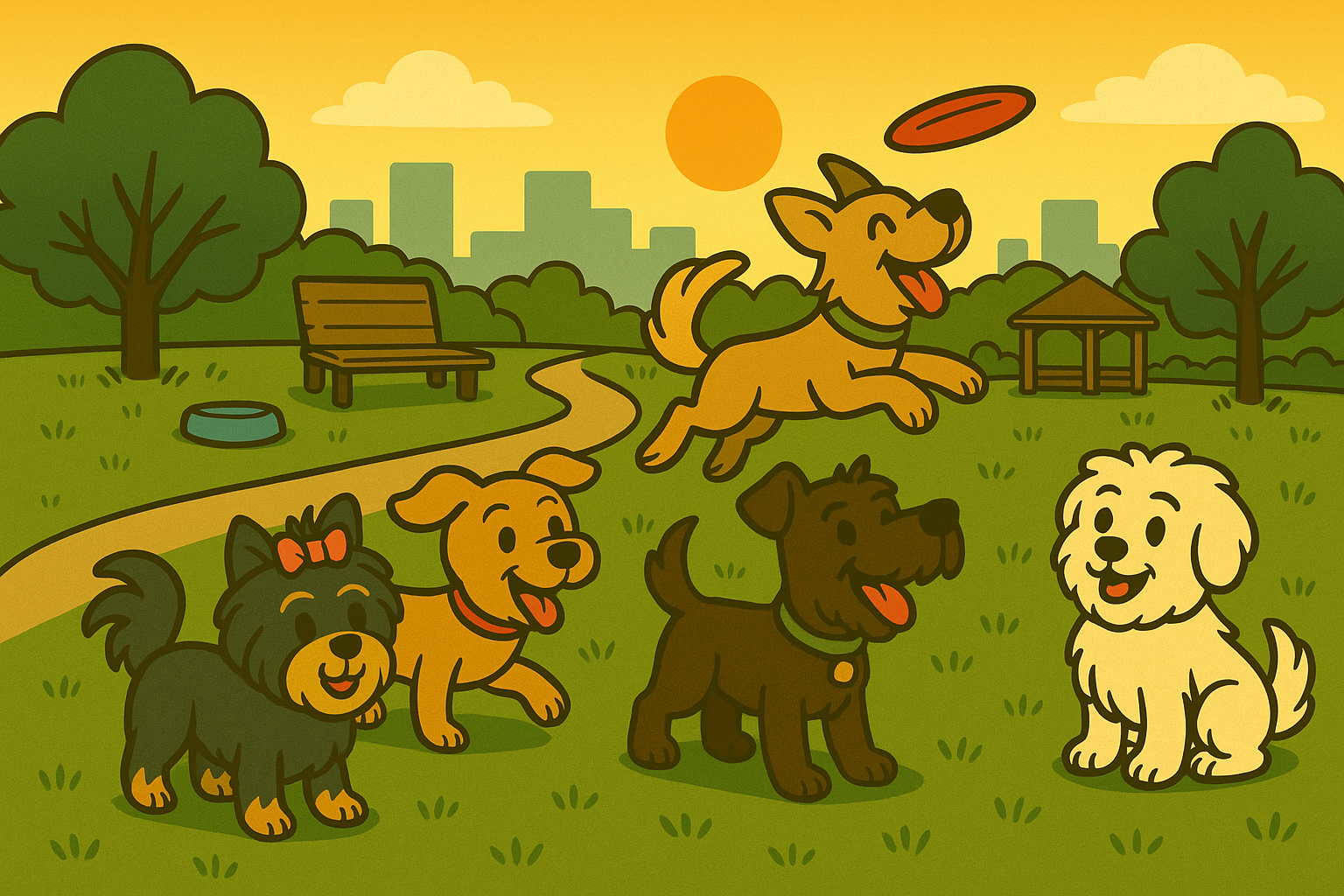 Green off-leash dog park with happy pups and people