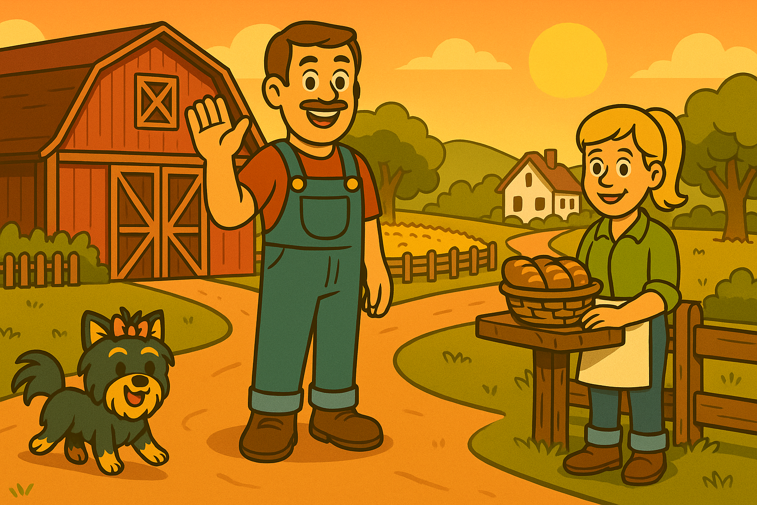 Sunny farm with a red barn, Tom in overalls, Patti with a basket of bread, and Daisy racing across the yard