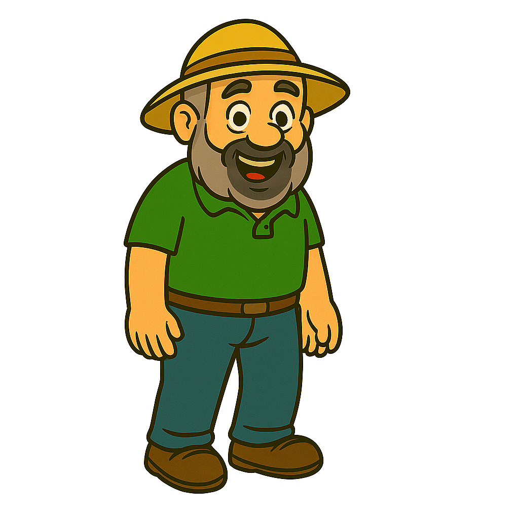 Dad in straw hat, green shirt, blue jeans